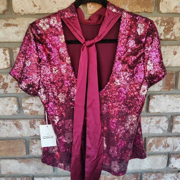 CeCe NWT Mock Neck Sequin Floral Tie Scoop Back Top M Party Evening Glamoratti - Picture 6 of 9